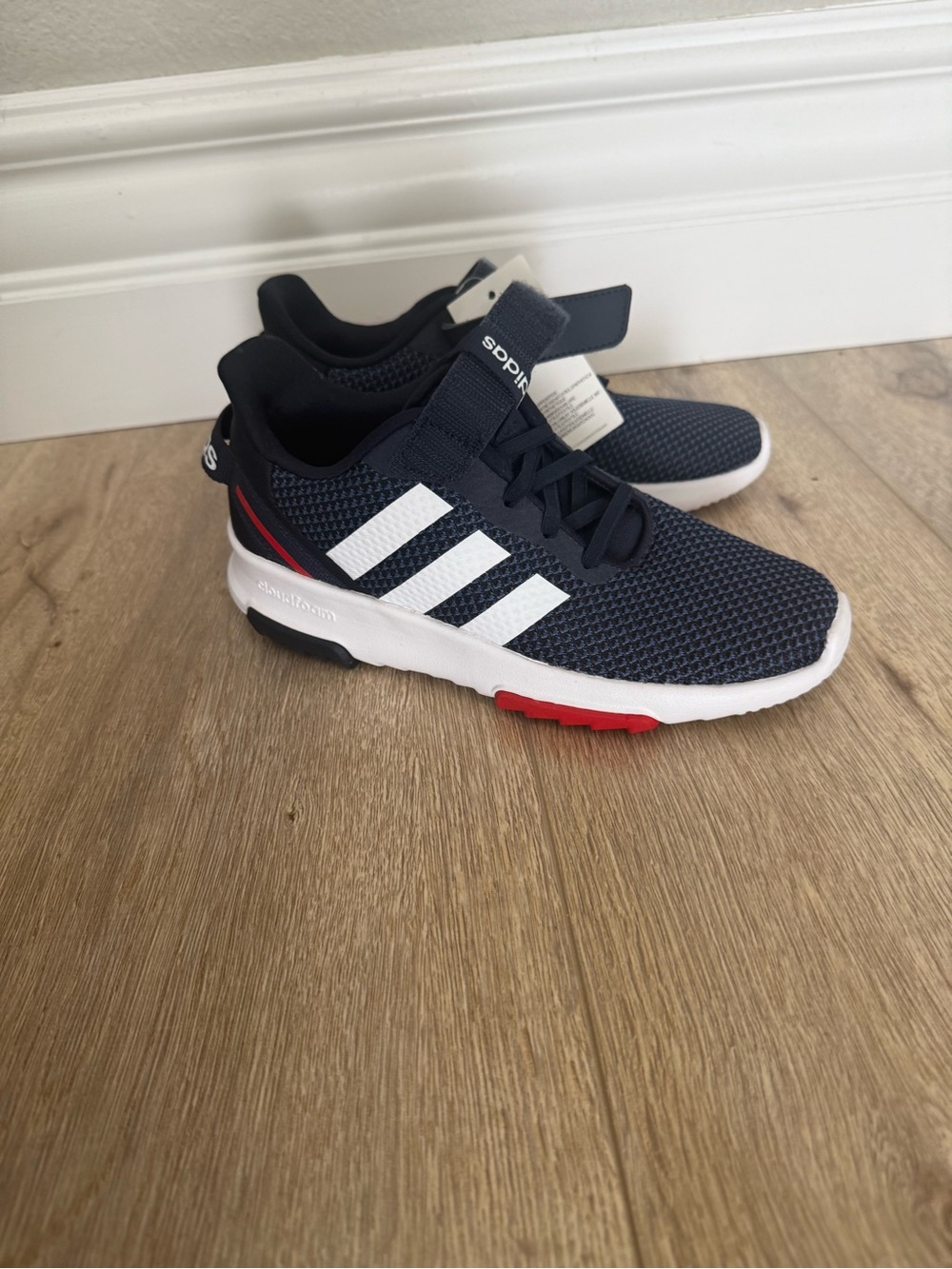 adidas Kids Navy Mesh Sneakers with White Stripes and Red Accents